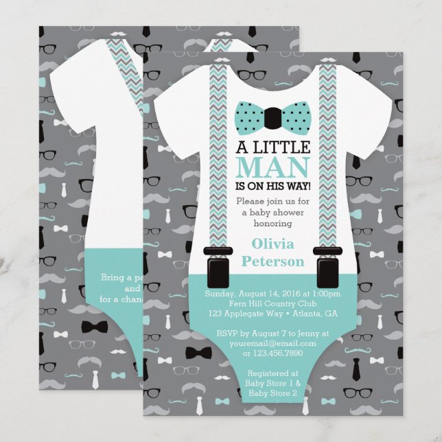 Little Man Baby Shower Invitation, Teal, Black Invitation (Front/Back)