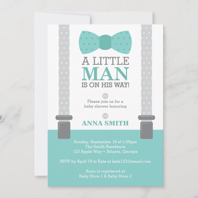 Little Man Baby Shower Invitation, Teal Blue, Gray Invitation (Front)