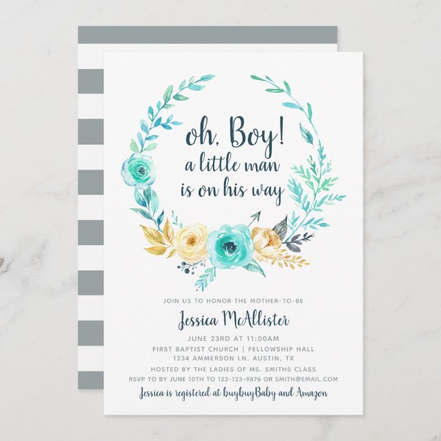 Little Man Baby Shower Invitation Teal Gray Card (Front/Back)