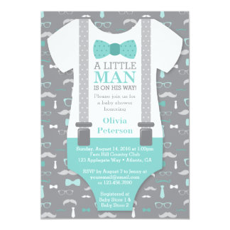 Little Man Baby Shower Invitation, Teal, Gray Card