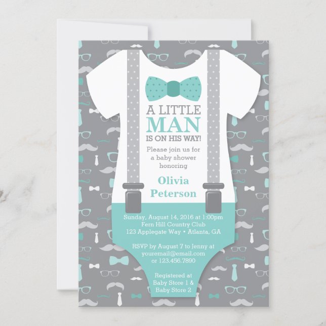 Little Man Baby Shower Invitation, Teal, Gray Invitation (Front)