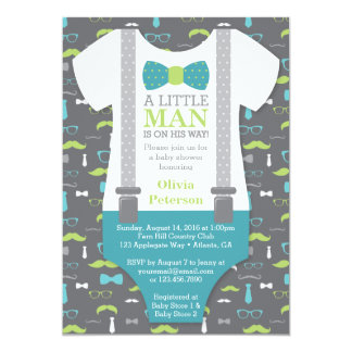 Little Man Baby Shower Invitation, Teal, Green Card