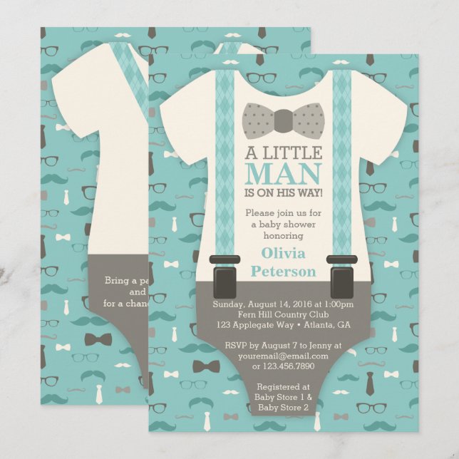 Little Man Baby Shower Invitation, Teal, Tan Invitation (Front/Back)