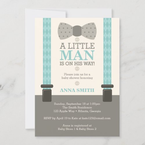 Little Man Baby Shower Invitation Turquoise Invitation