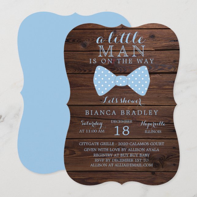 Little Man Baby Shower Invitation | Wood Bow Tie (Front/Back)