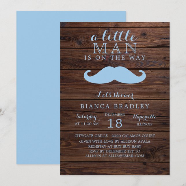 Little Man Baby Shower Invitation | Wood Mustache (Front/Back)