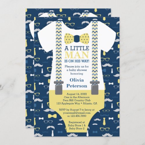 Little Man Baby Shower Invitation Yellow Blue Invitation