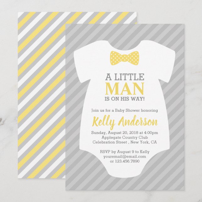 Little Man Baby Shower Invitation - Yellow Gray (Front/Back)