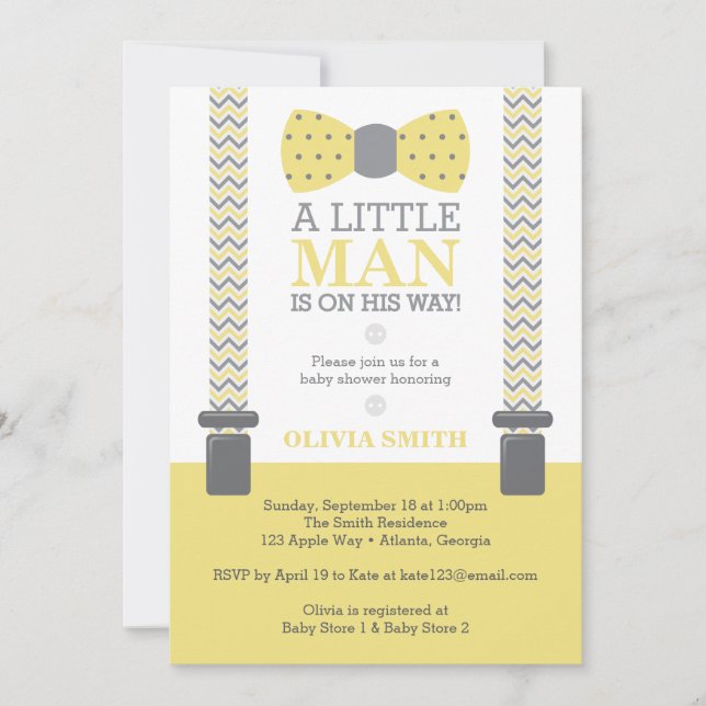 Little Man Baby Shower Invitation, Yellow, Gray Invitation (Front)
