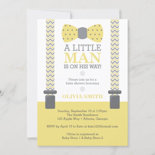 Little Man Baby Shower Invitation Yellow Gray Invitation