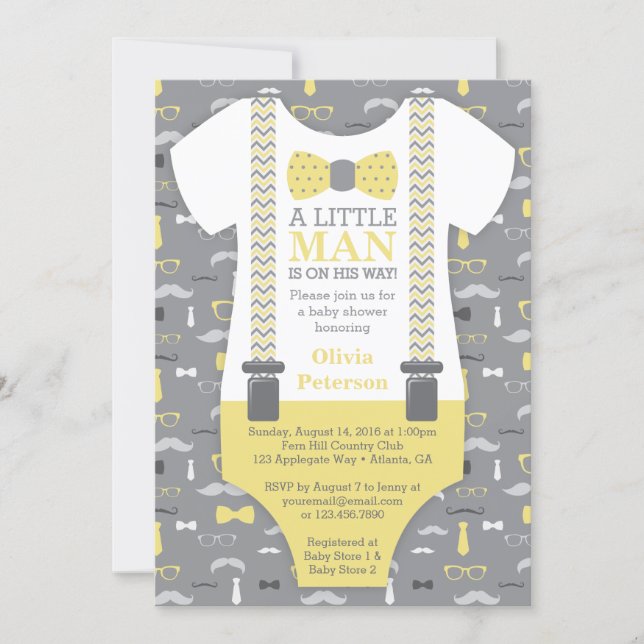 Little Man Baby Shower Invitation, Yellow, Gray Invitation (Front)