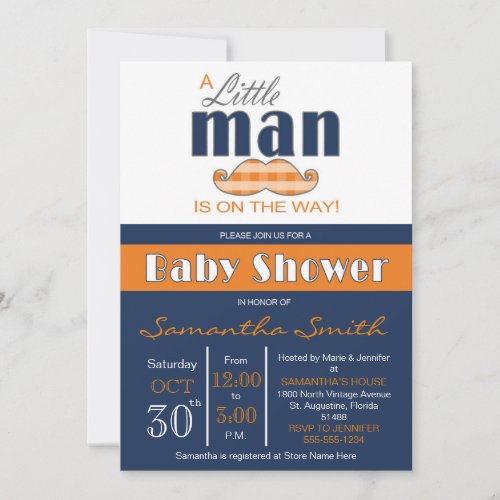 Little Man Baby Shower Navy Blue and Orange Invitation