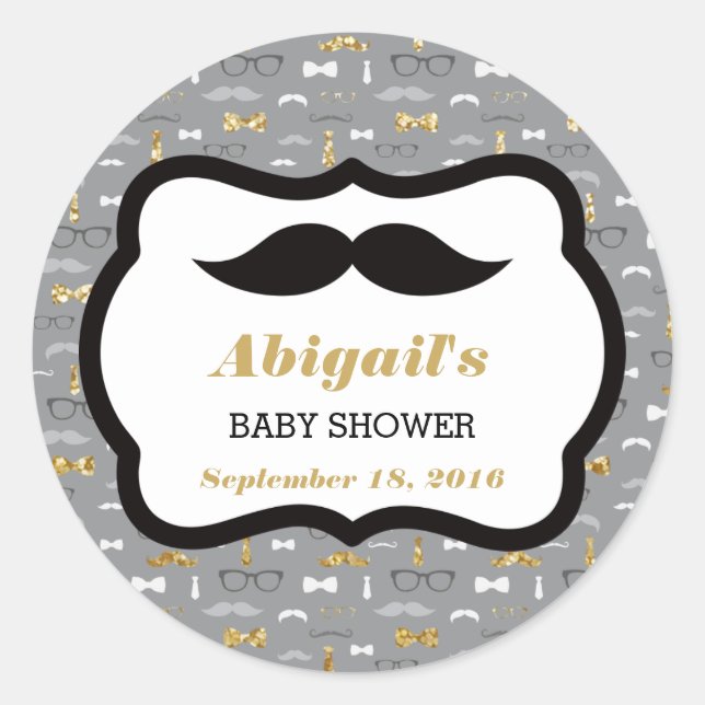 Little Man Baby Shower Sticker, Gold, Gray, Black Classic Round Sticker (Front)