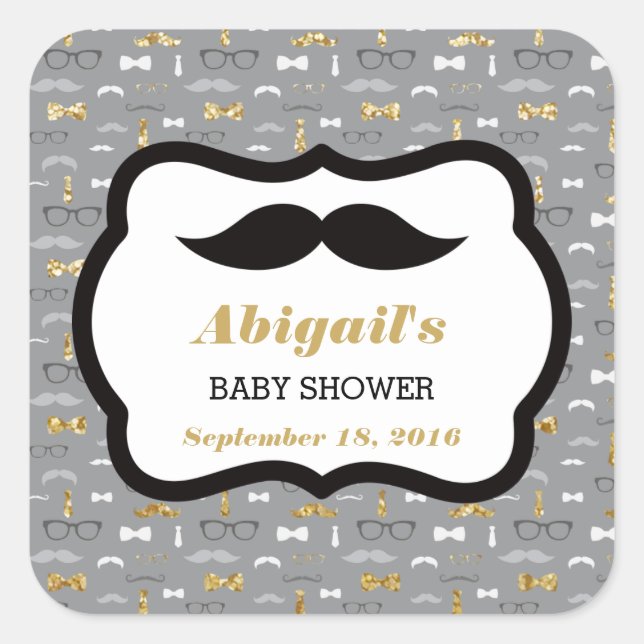 Little Man Baby Shower Sticker, Gold, Gray, Black Square Sticker (Front)