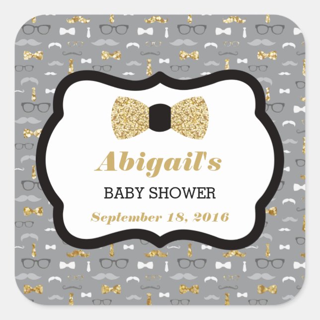 Little Man Baby Shower Sticker, Gold, Gray, Black Square Sticker (Front)