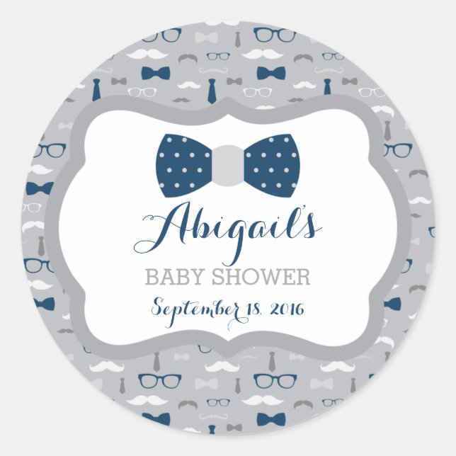 Little Man Baby Shower Sticker, Navy Blue, Gray Classic Round Sticker (Front)