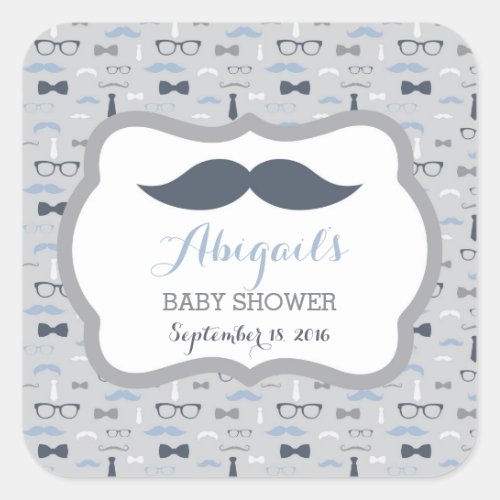 Little Man Baby Shower Sticker Navy Blue Gray Square Sticker