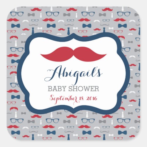 Little Man Baby Shower Sticker Red Blue Gray Square Sticker