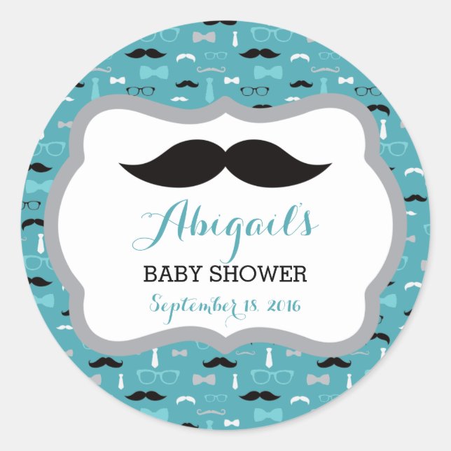 Little Man Baby Shower Sticker, Teal, Aqua, Black Classic Round Sticker (Front)