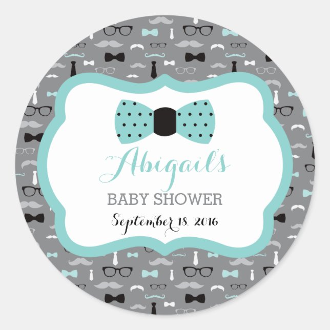 Little Man Baby Shower Sticker, Teal, Gray, Black Classic Round Sticker (Front)