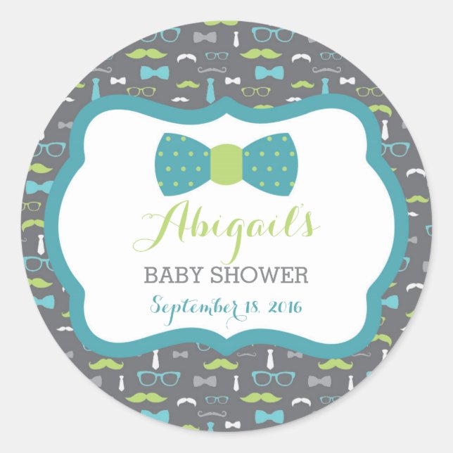 Little Man Baby Shower Sticker, Teal, Green, Gray Classic Round Sticker (Front)