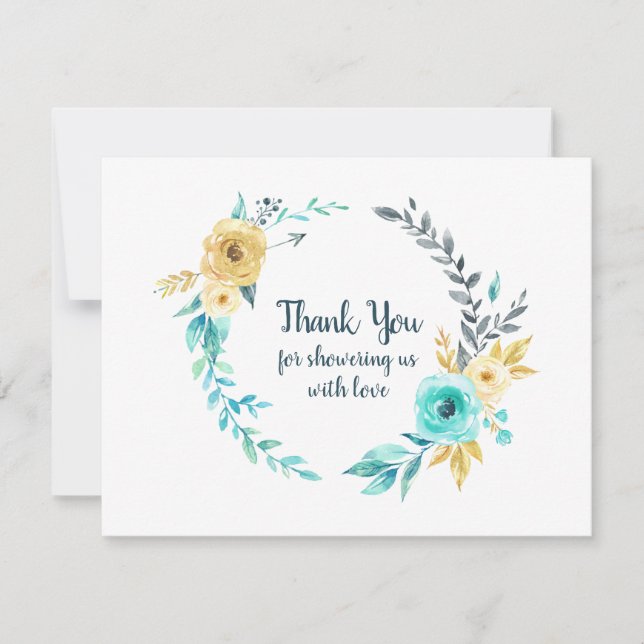 Little Man Baby Shower Wreath Teal Blue Thank You Card (Front)