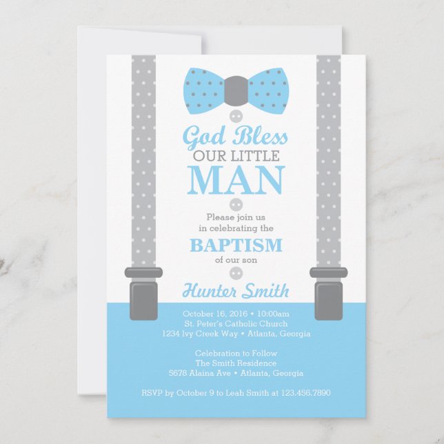 Little Man Baptism Invitation, Baby Blue, Gray Invitation (Front)