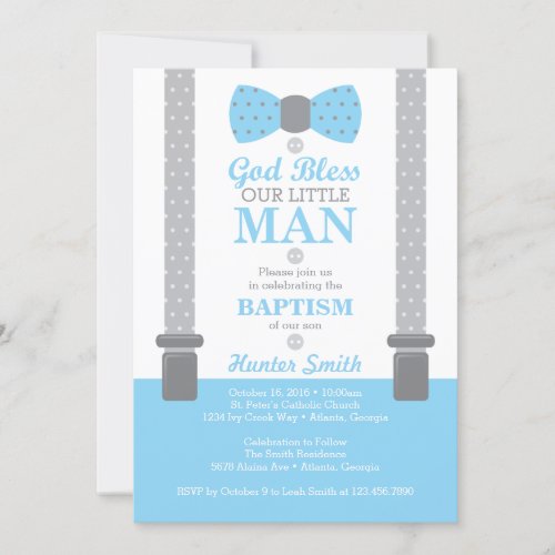 Little Man Baptism Invitation Baby Blue Gray Invitation