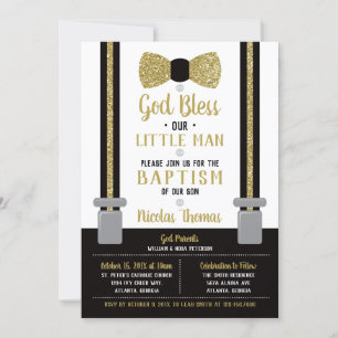 Little Man Baptism Invitation, Black, Gold Invitation