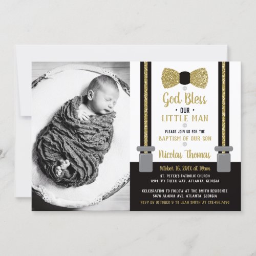 Little Man Baptism Invitation Black Gold Invitation