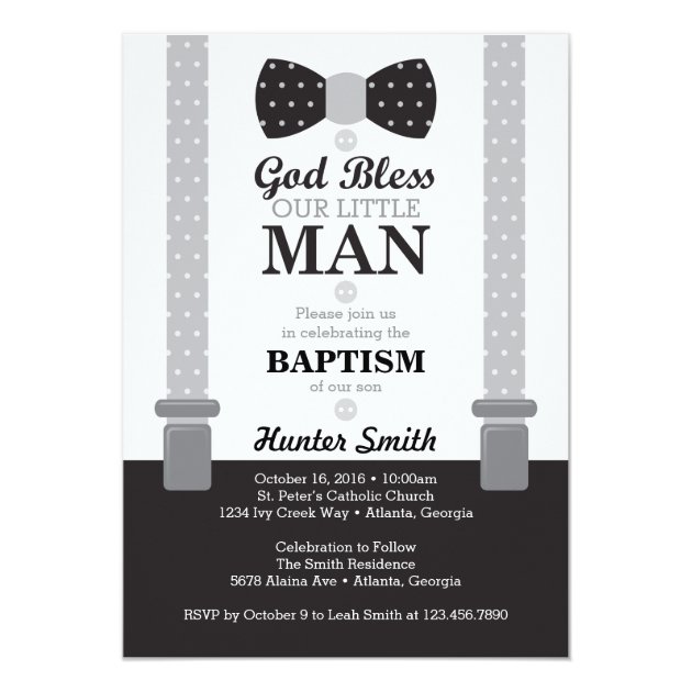 Little Man Baptism Invitation, Black, Gray Card