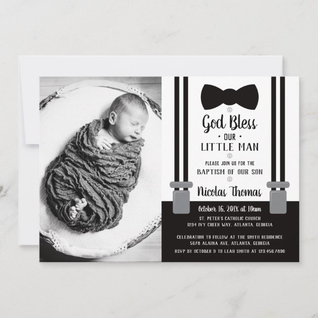 Little Man Baptism Invitation, Black Invitation (Front)