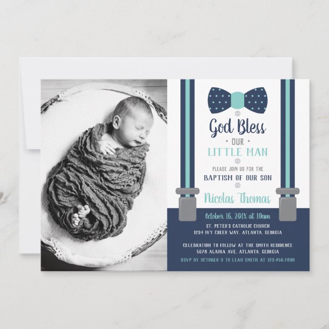 Little Man Baptism Invitation, Blue, Aqua Invitation (Front)