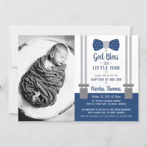 Little Man Baptism Invitation Blue Gray Invitation
