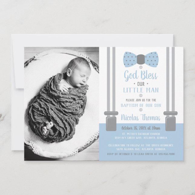 Little Man Baptism Invitation, Blue, Gray Invitation (Front)
