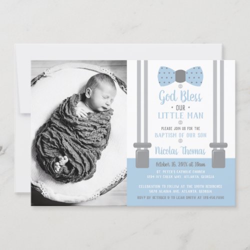 Little Man Baptism Invitation Blue Gray Invitation