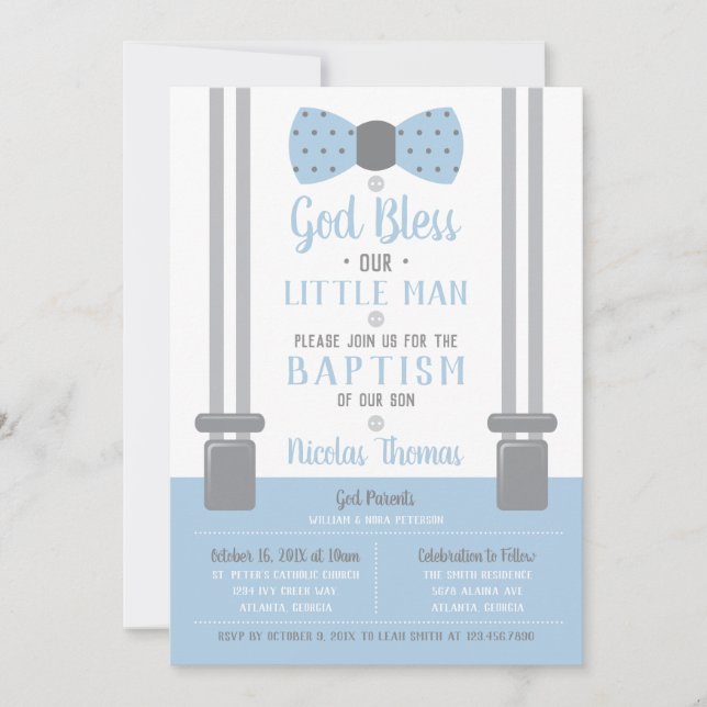 Little Man Baptism Invitation, Blue, Gray Invitation (Front)