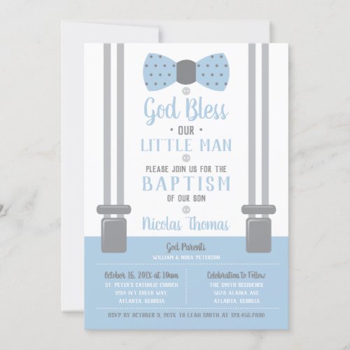 Little Man Baptism Invitation Blue Gray Invitation