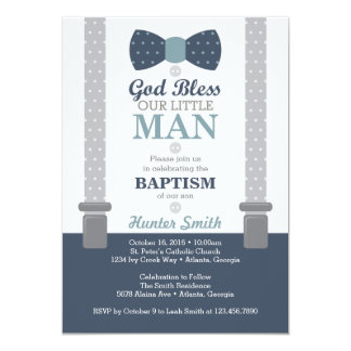 Little Man Baptism Invitation, Navy Blue, Gray Card