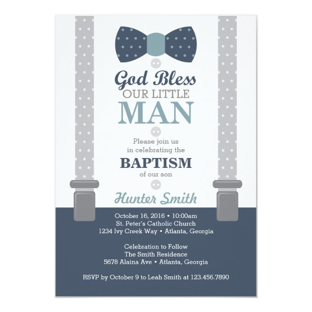 Little Man Baptism Invitation, Navy Blue, Gray Card
