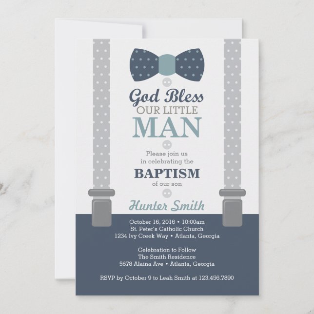 Little Man Baptism Invitation, Navy Blue, Gray Invitation (Front)