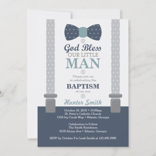 Little Man Baptism Invitation Navy Blue Gray Invitation
