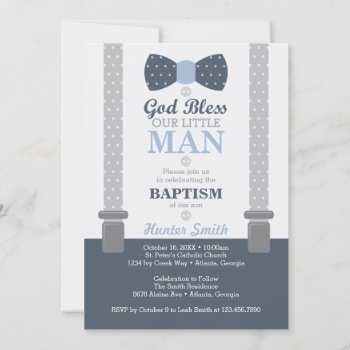 Little Man Baptism Invitation  Navy Blue  Gray Invitation by DeReimerDeSign at Zazzle