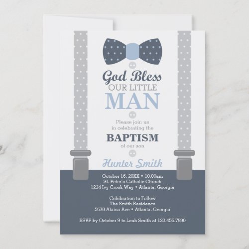 Little Man Baptism Invitation Navy Blue Gray Invitation