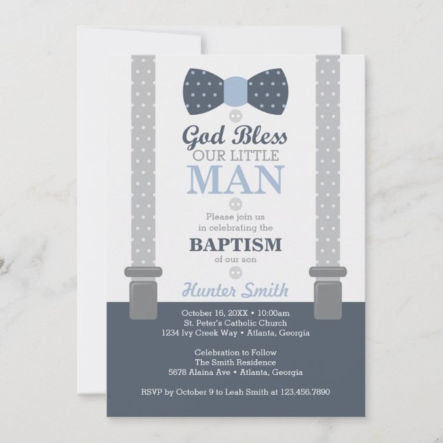 Little Man Baptism Invitation, Navy Blue, Gray Invitation (Front)