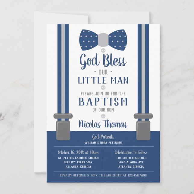 Little Man Baptism Invitation, Navy, Gray Invitation (Front)