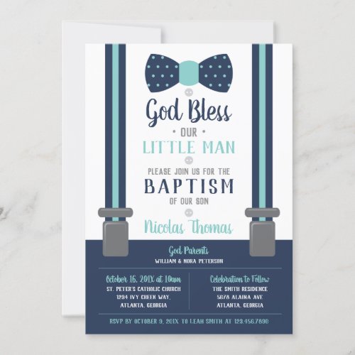 Little Man Baptism Invitation Navy Turquoise Invitation