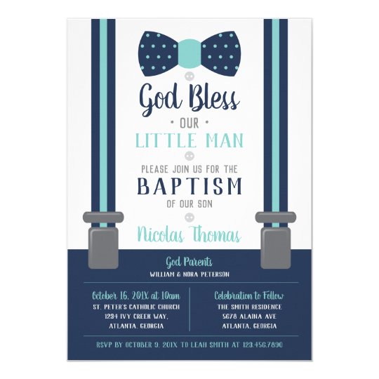 Little Man Baptism Invitation, Navy, Turquoise Invitation 
