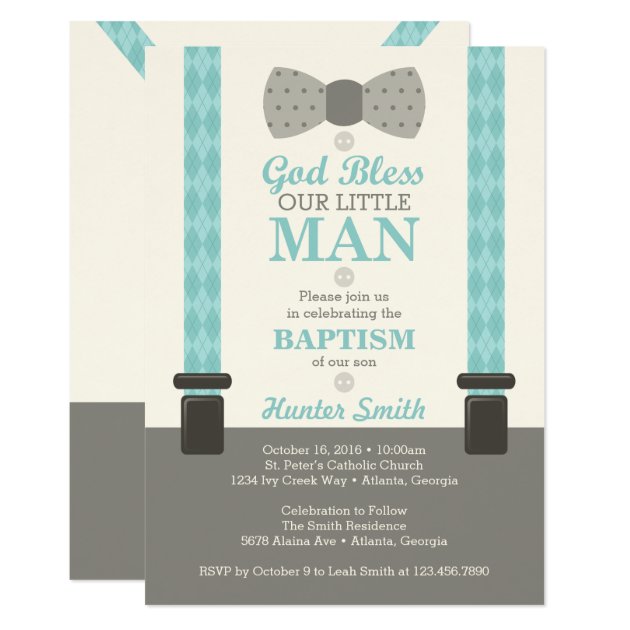 Little Man Baptism Invitation, Teal, Ivory, Tan Card