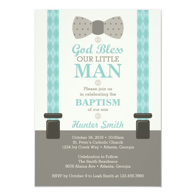 Little Man Baptism Invitation, Teal, Ivory, Tan Card